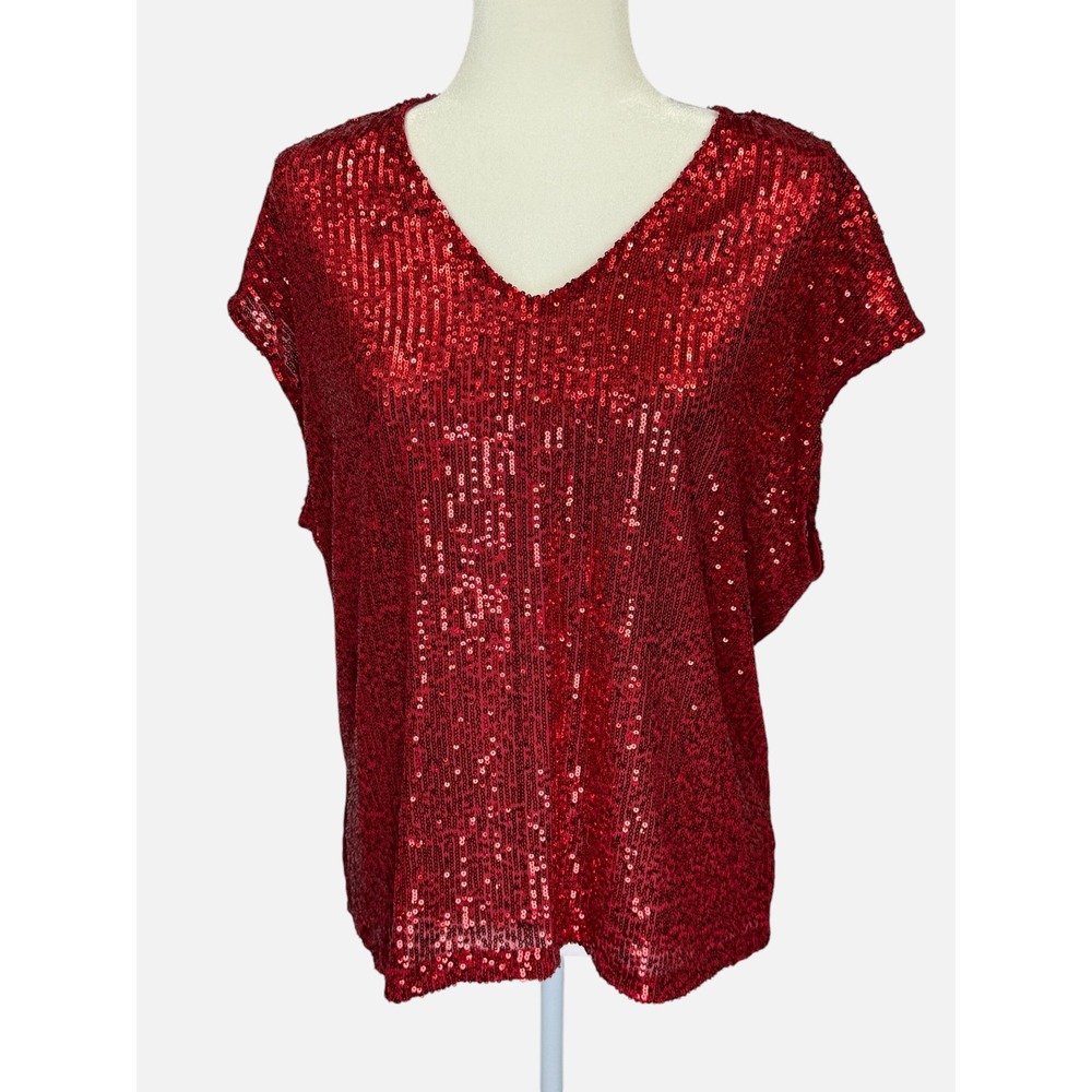 CeCe Red Sequin V-Neck Top XL Holiday Party Sparkle Short Sleeve Blouse